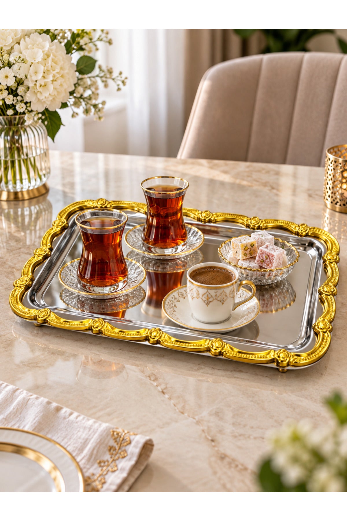 Gold Çerçeveli Gümüş Renk Metal Sunum Tepsisi Servis Ve İkramlık Tepsi - Gümüş
