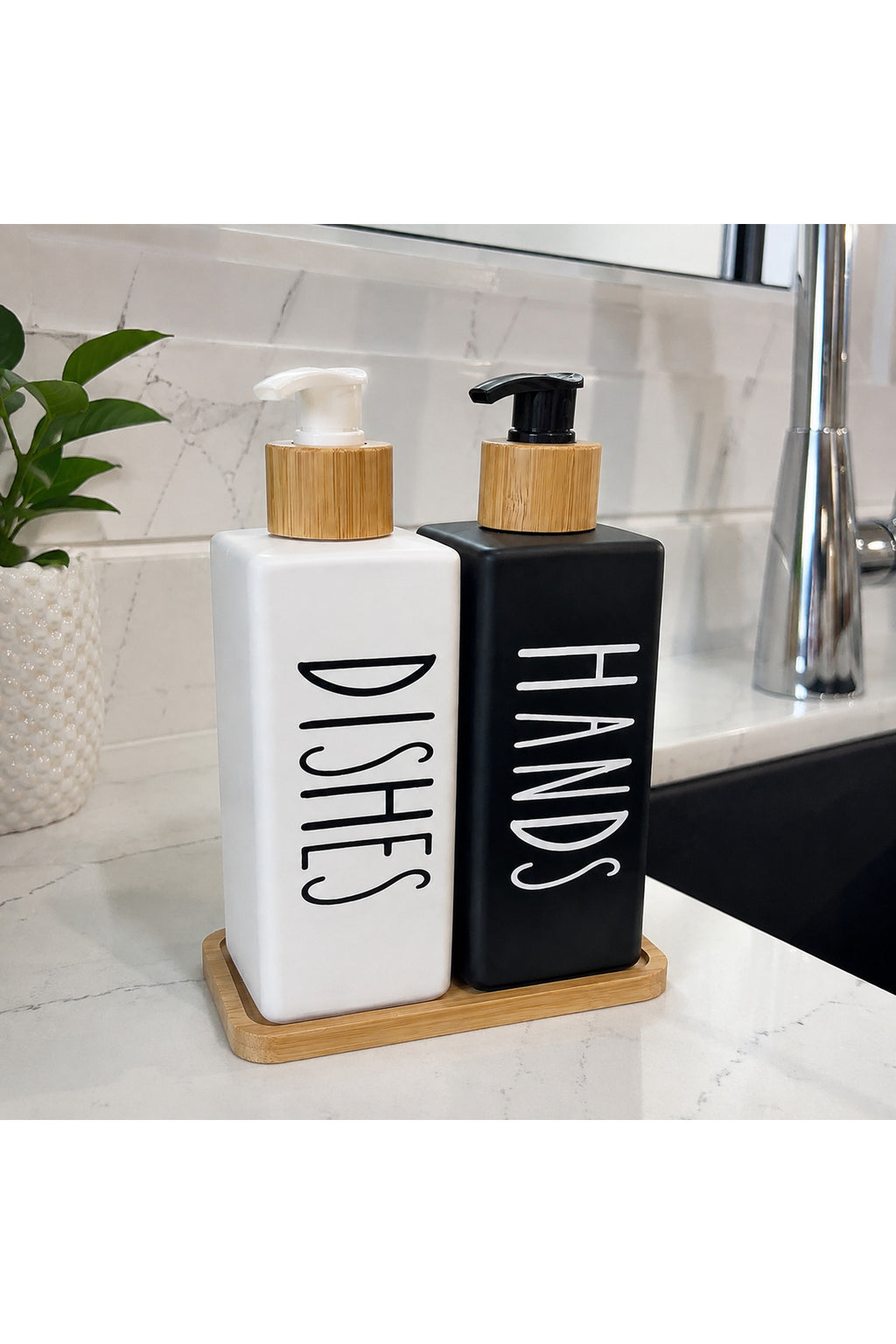 Bambu Standlı 2’li Pompalı Sıvı Sabunluk ve Deterjanlık Dispenser Seti - Çift Renk