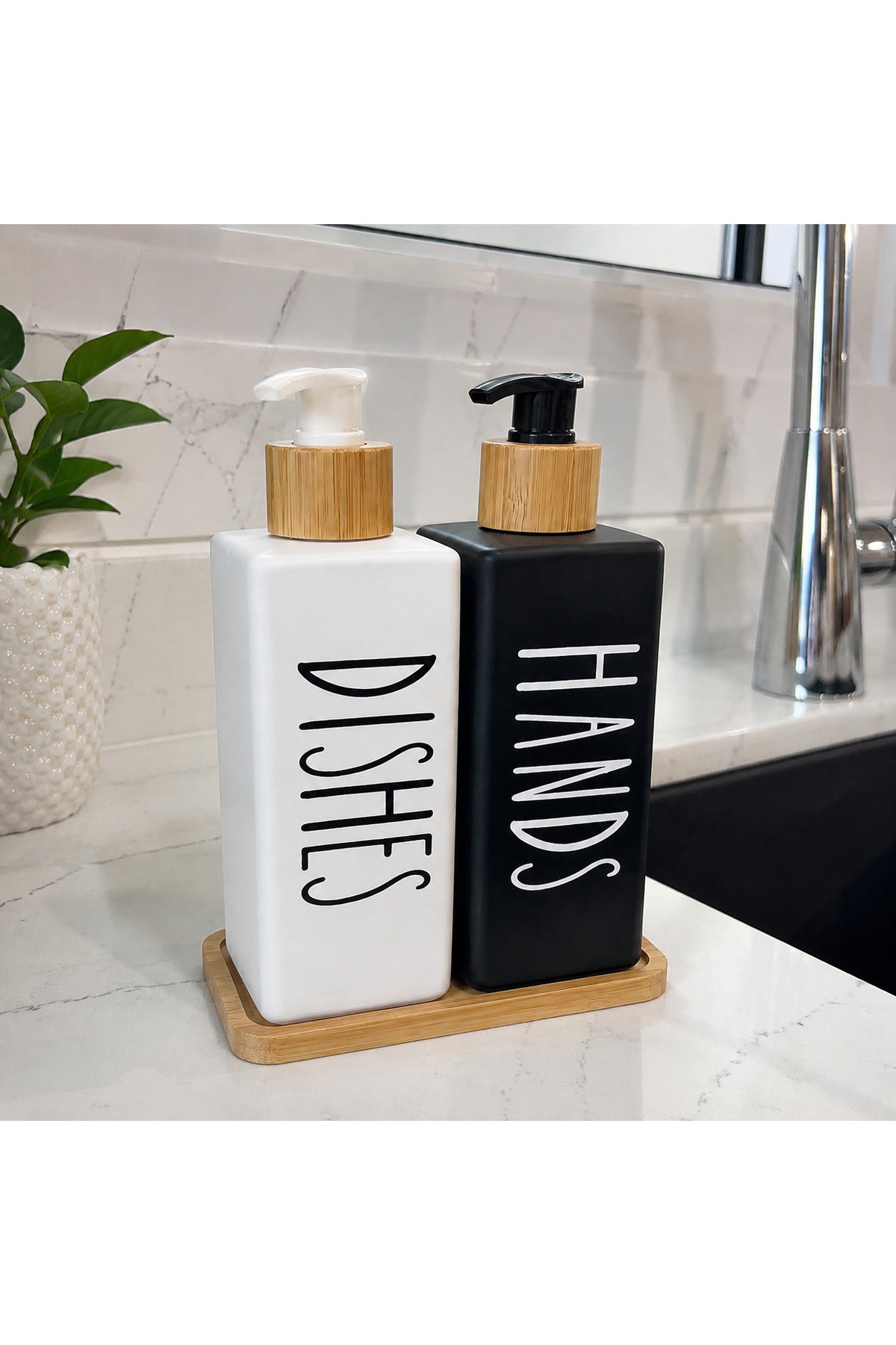 Bambu Standlı 2’li Pompalı Sıvı Sabunluk ve Deterjanlık Dispenser Seti - Çift Renk