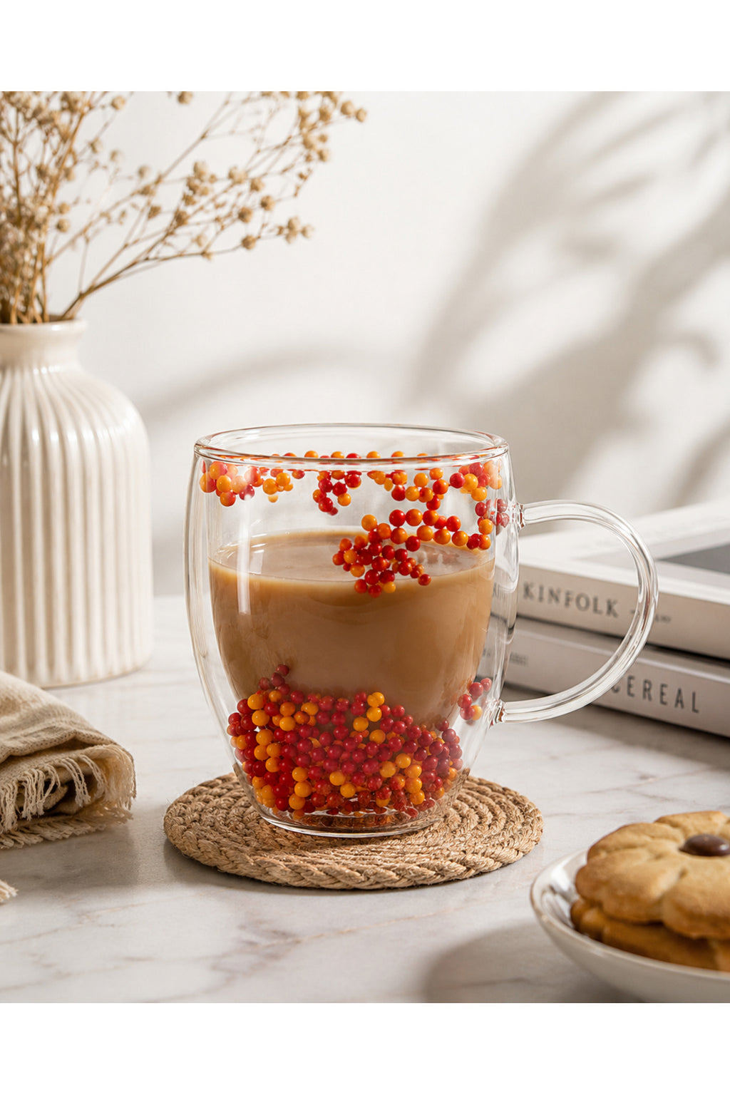 Çift Cidarlı Takımlı Dekoratif Boncuklu Cam Kupa Bardak 350ml - Kırmızı