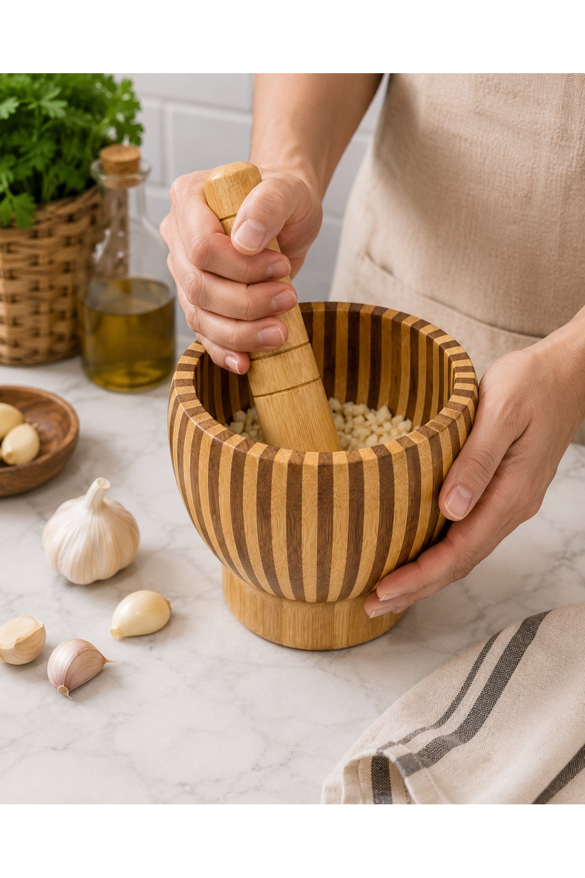 Bambu Havan ve Tokmak Seti Orta Boy Çizgili Baharat Sarımsak Ezici