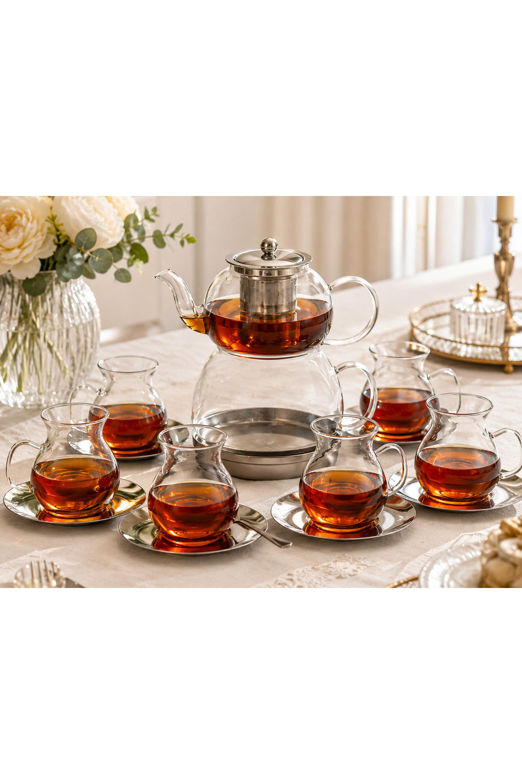 20 Parça Cam Çay Takımı – Çaydanlık, 6 Bardak, 6 Bardak Altlığı ve 6 Çay Kaşığı Full Set - Metalik
