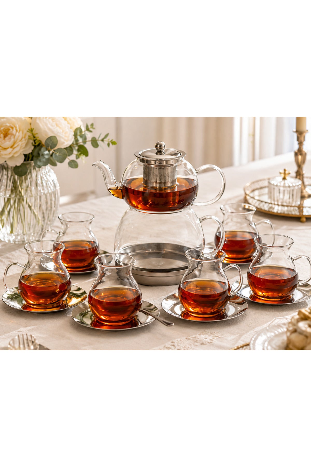 20 Parça Cam Çay Takımı – Çaydanlık, 6 Bardak, 6 Bardak Altlığı ve 6 Çay Kaşığı Full Set - Metalik