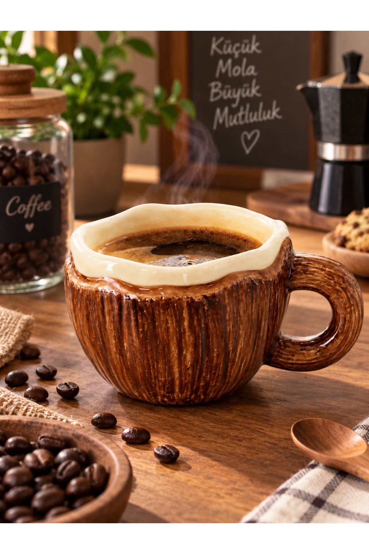 Coconut Kupa Hindistan Cevizi Görünümlü Seramik Kahve Fincanı Kulplu - Kahverengi