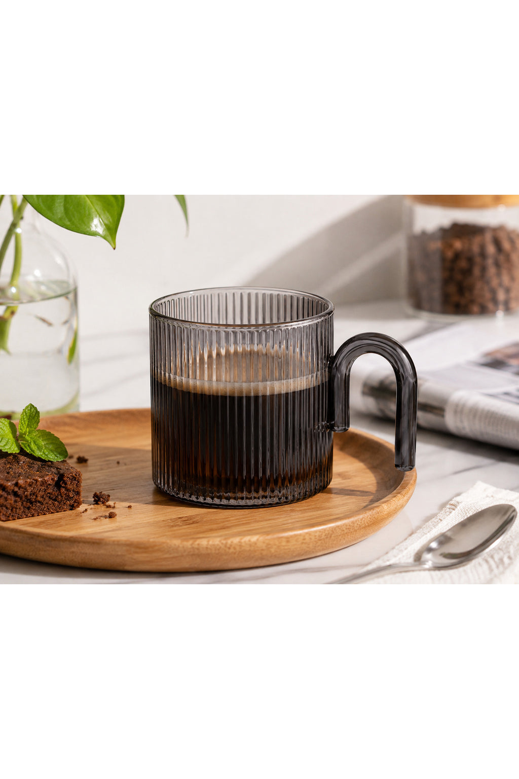 Renkli Fitilli Cam Kupa Kulplu Modern Çay Kahve Bardağı - Siyah
