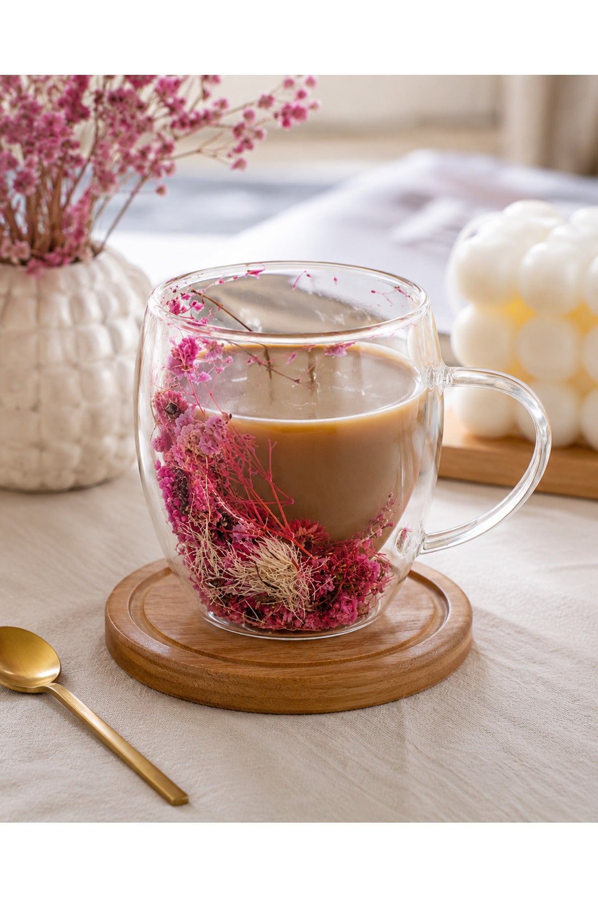 Çift Cidarlı Çiçek Detaylı Kulplu Cam Kupa Bardak 250ml - Pembe