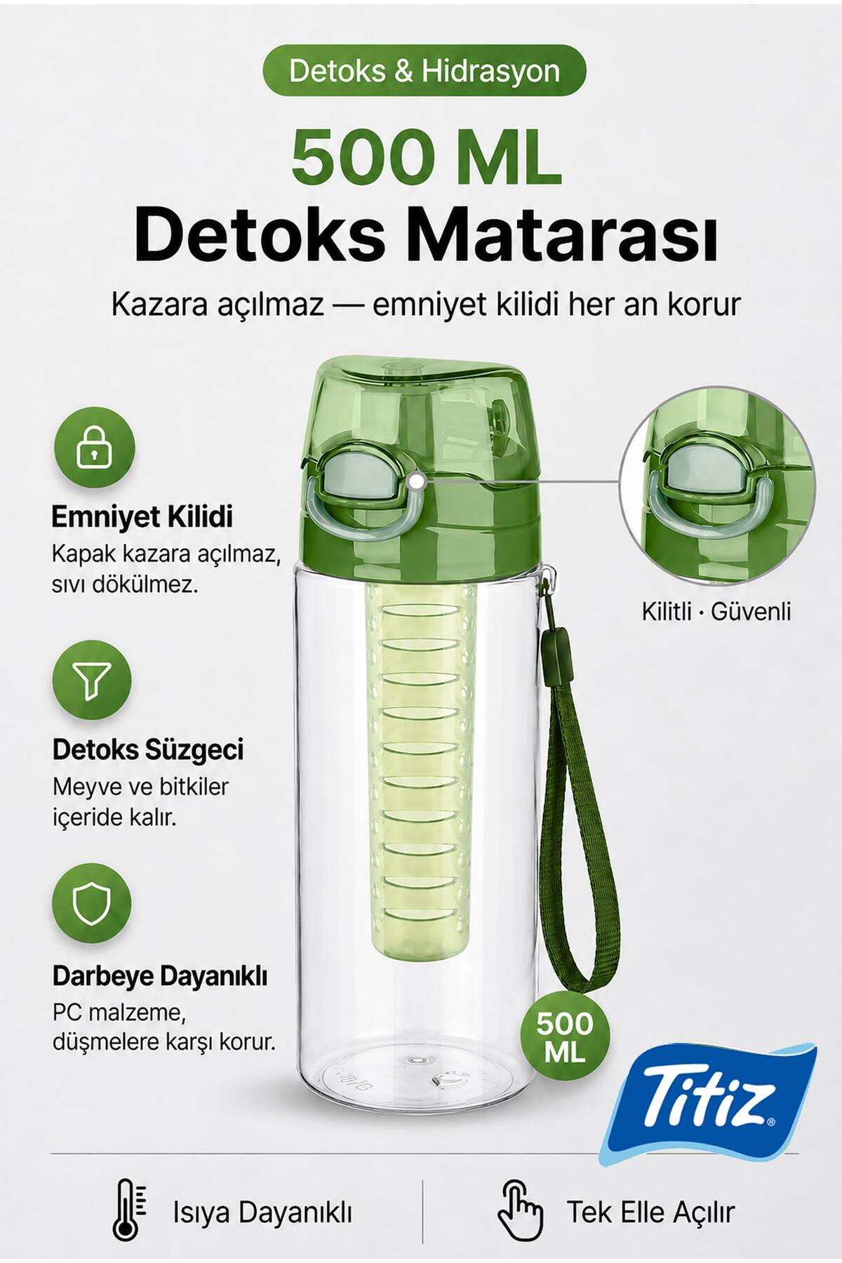 Filtreli Detox Kilitli Kapak Polikarbon Suluk Matara 500 ml - Yeşil