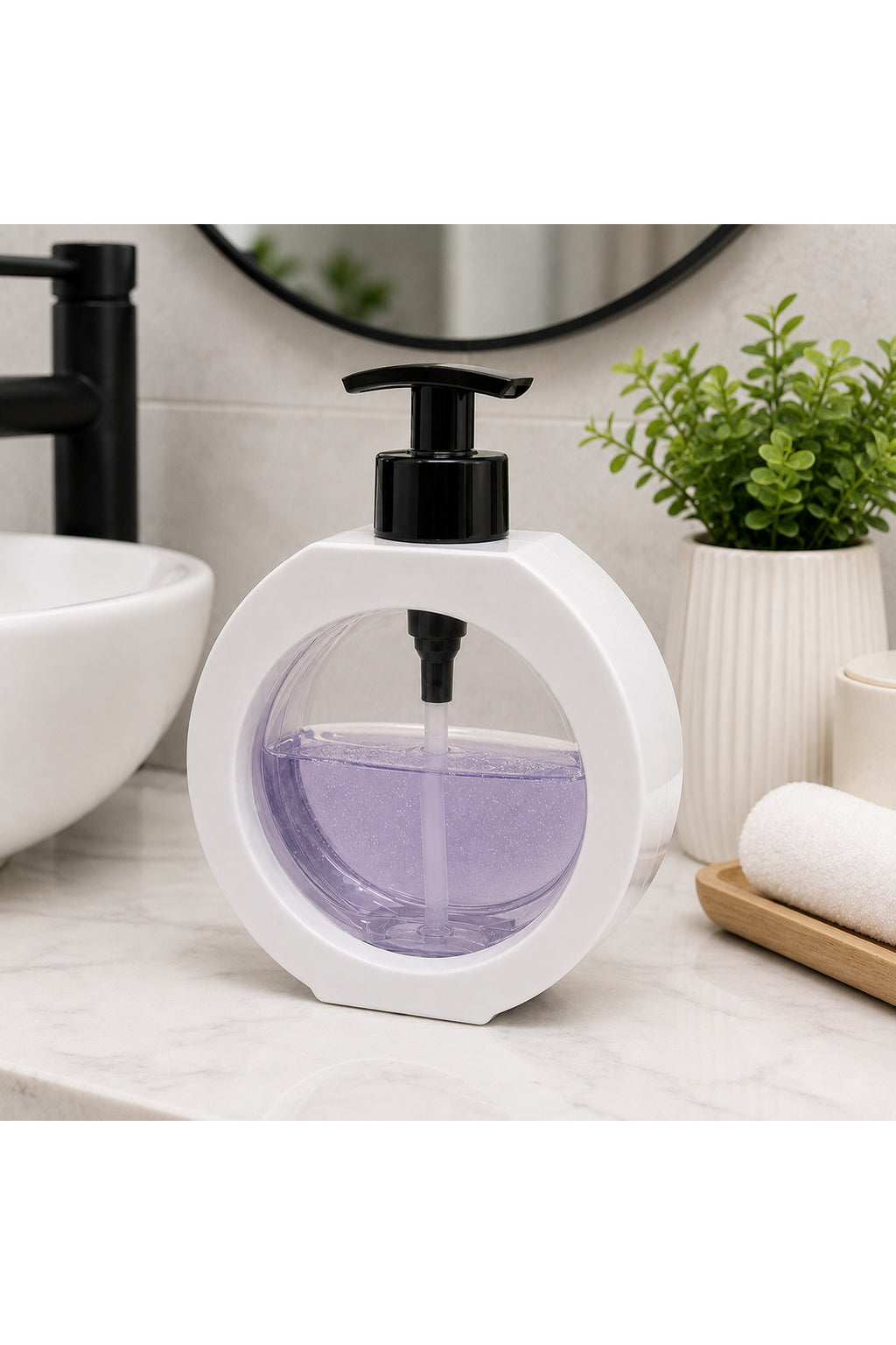 Yuvarlak Şeffaf Hazneli Pompalı Sıvı Sabunluk – Modern Sabun Dispenseri - Beyaz