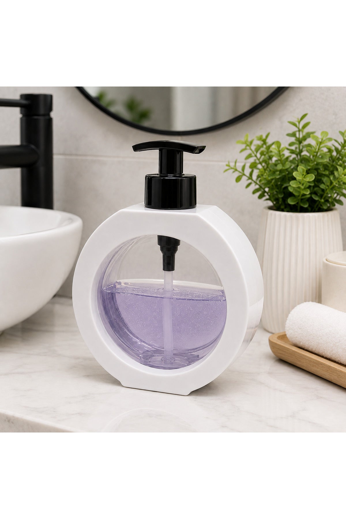 Yuvarlak Şeffaf Hazneli Pompalı Sıvı Sabunluk – Modern Sabun Dispenseri - Beyaz