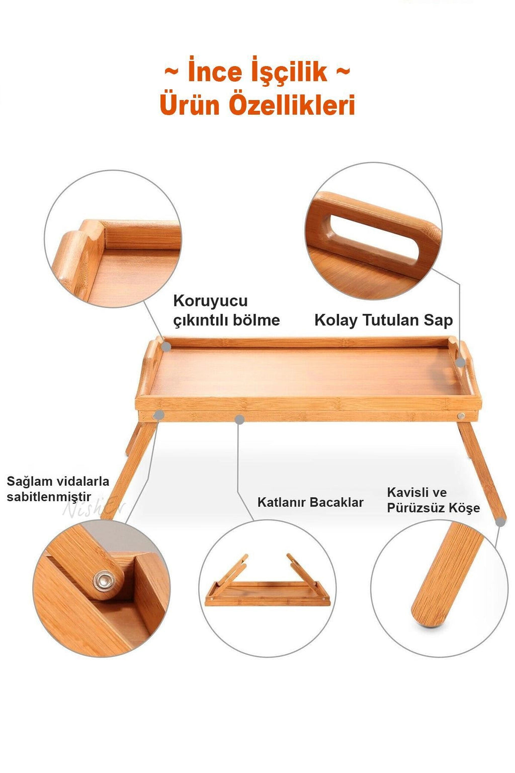 Bambu Katlanır Ayaklı Tepsi Büyük Boy Portatif Kahvaltı Çay Servis Sunum Tepsisi - Bambu