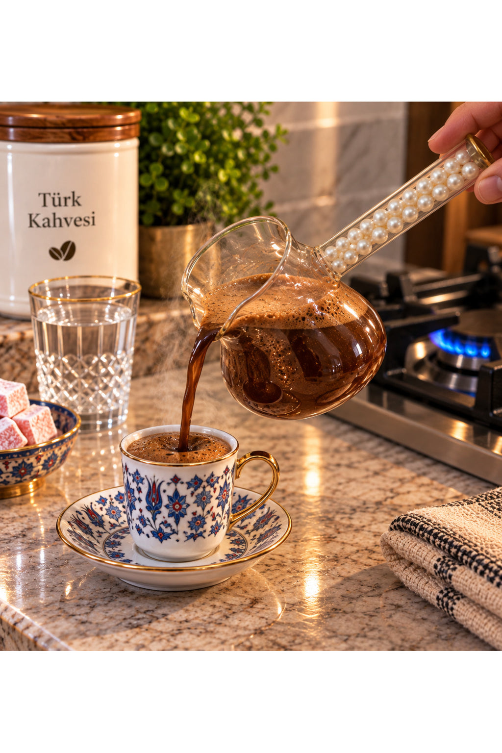 Cam Cezve Dekoratif Boncuklu Saplı Kahve Pişirme ve Servis Cezvesi - Beyaz